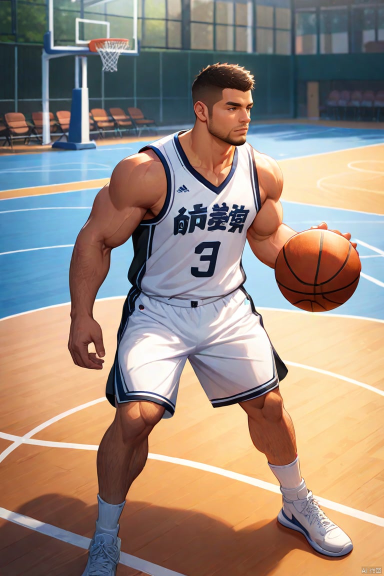 illustration,1guy,male focus,bara,solo,muscular,facial hair,basketball uniform,white socks,outdoors court,best quality,4k,amazing quality, best aesthetic, absurdres, year 2023,