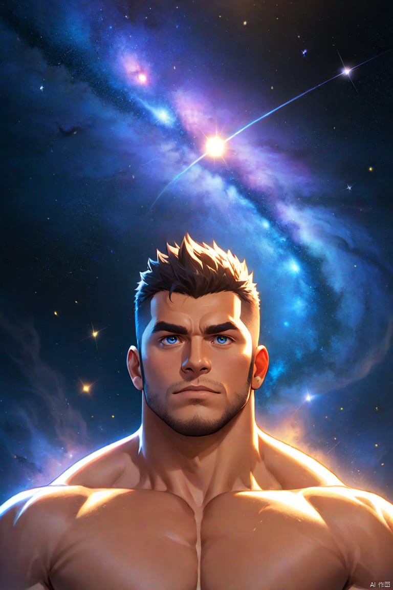 illustration,1guy,male focus,bara,solo,muscular,facial hair,galaxy space,best quality,4k,amazing quality, best aesthetic, absurdres, year 2023,