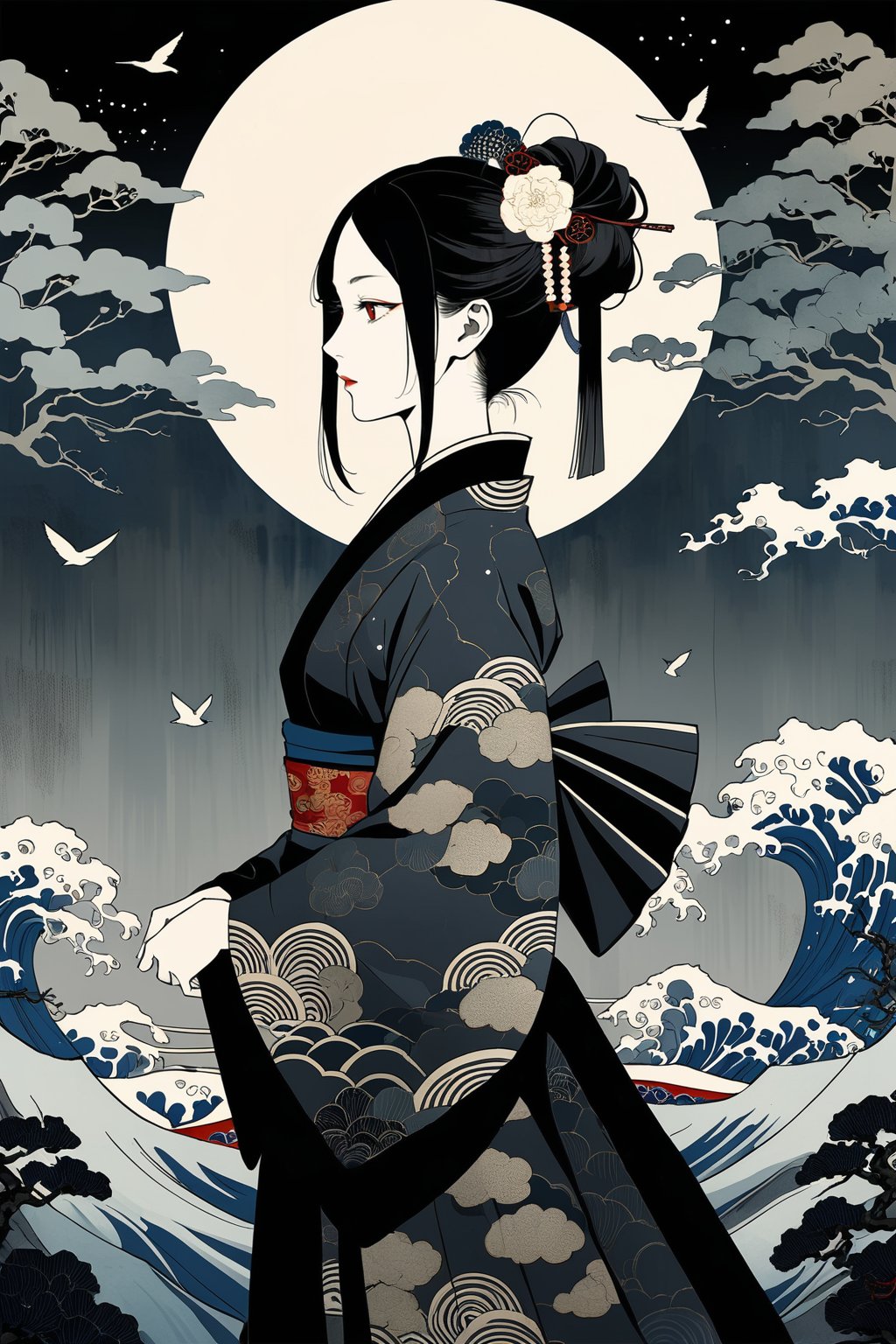 masterpiece, best quality, aesthetic , japanese ukiyo - e,
1girl, dark theme, gothic, abstract background,