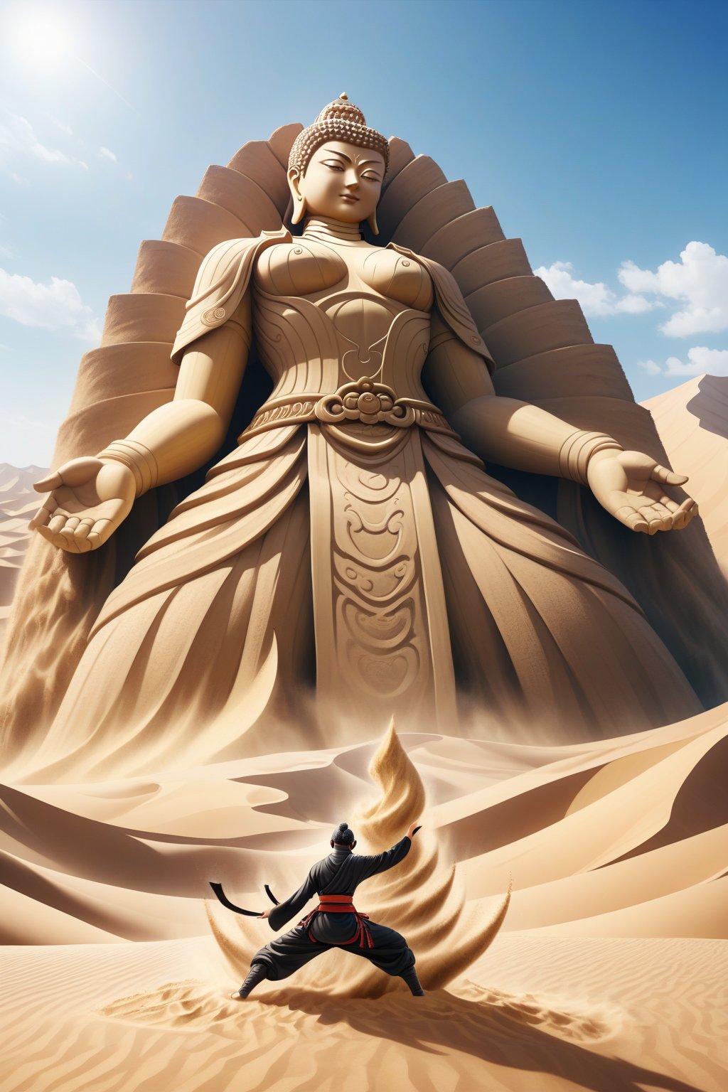 A ninja in realistic style performing Earth-style ninjutsu in the desert, summoning a grand and massive Buddha statue made of sand and earth. The Buddha statue is towering and majestic, with detailed features and a serene expression that showcase the power and precision of the ninja's technique. The scene is set against a vast desert backdrop, with towering dunes and a clear sky, highlighting the epic scale of the summoned sand Buddha statue. The image captures the essence of peace and mysticism blended with the realism of martial prowess.