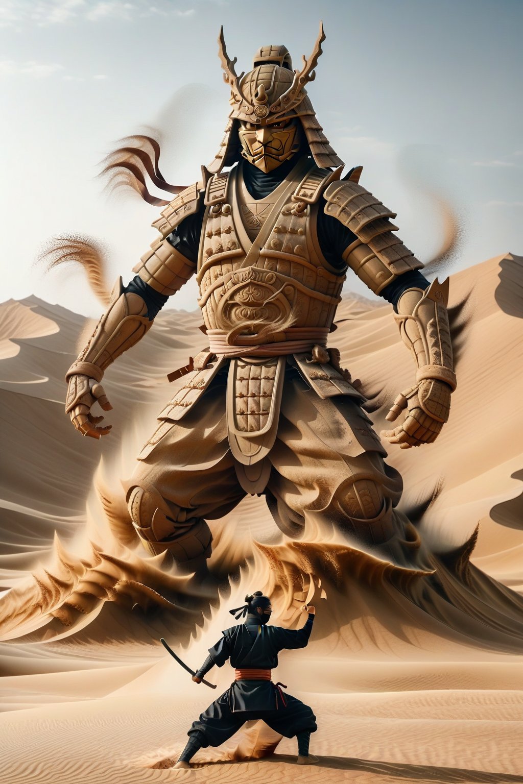 A ninja in realistic style performing Earth-style ninjutsu in the desert, summoning a grand and massive samurai made of sand and earth. The samurai stands towering and formidable, with detailed armor and a sword, showcasing the power and precision of the ninja's technique. The scene is set against a vast desert backdrop, with towering dunes and a clear sky, highlighting the epic scale of the summoned sand samurai. The image captures the essence of ancient warrior spirit blended with the realism of martial prowess.