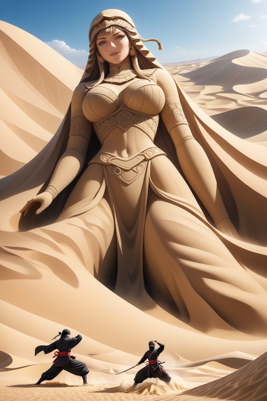 A ninja in realistic style performing Earth-style ninjutsu in the desert, summoning a grand and massive sculpture of a beautiful woman made of sand and earth. The sculpture is towering and elegant, with detailed features and flowing lines that showcase the power and precision of the ninja's technique. The scene is set against a vast desert backdrop, with towering dunes and a clear sky, highlighting the epic scale of the summoned sand sculpture. The image captures the essence of beauty and artistry blended with the realism of martial prowess.