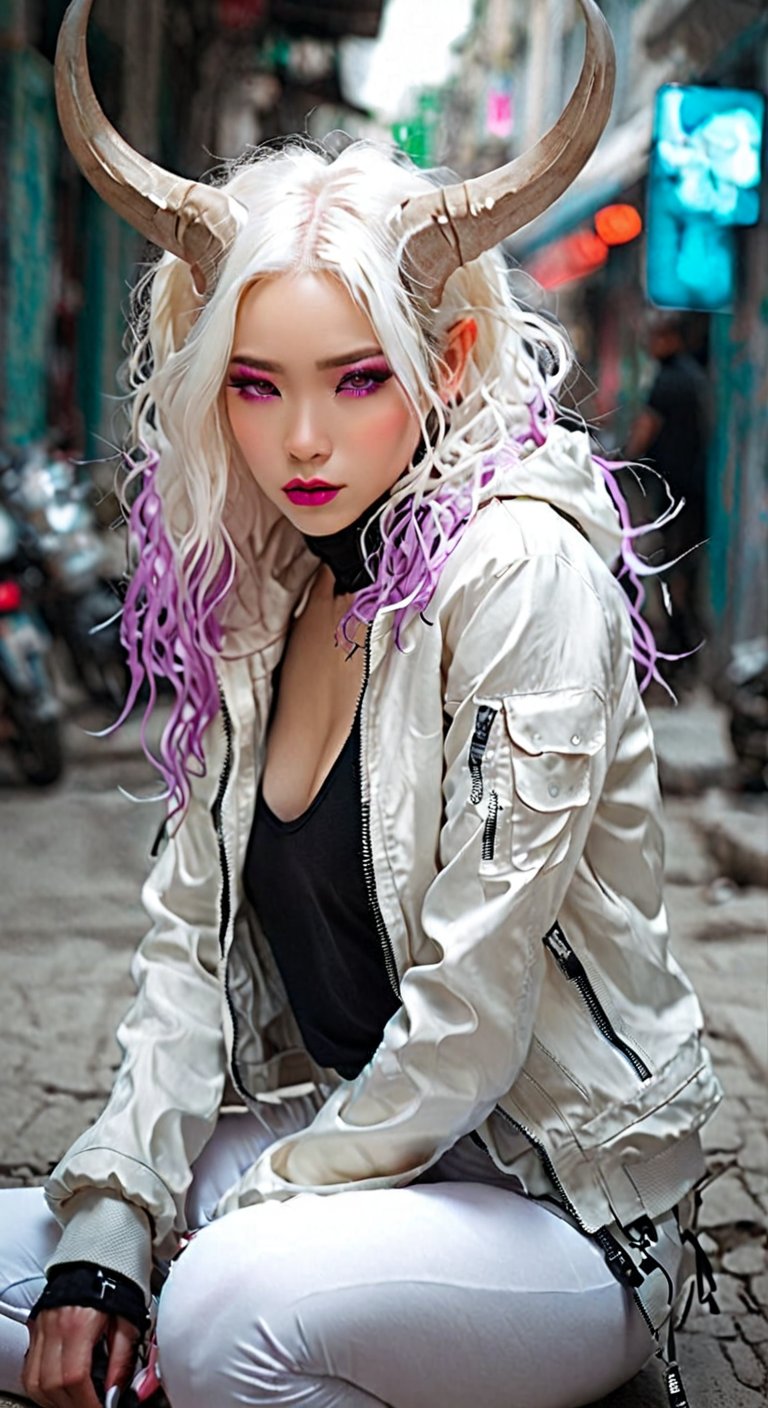 Beautiful Girl, Carved porcelain cyborg albino demons Woman, (Long Intricate Horns:1.4), White Horn With Smokeing, High Details Violet Eyes, Sitting on the floor, Glamor body type, Soilder Clothes, White Hightec Crop Jacket, Black Sexy One-Piece Swimsuit, Weapon and Techwear, High Details of Cyber City are Background, Sad Moment, Ultra Focus, Photo Realistic, Beautymix, FilmGirl