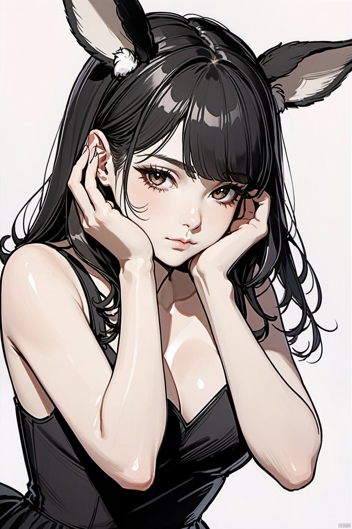 hands on face,  seductive leaning forward detailed skin,  ((black hair)) by bearbear on Tensor.Art