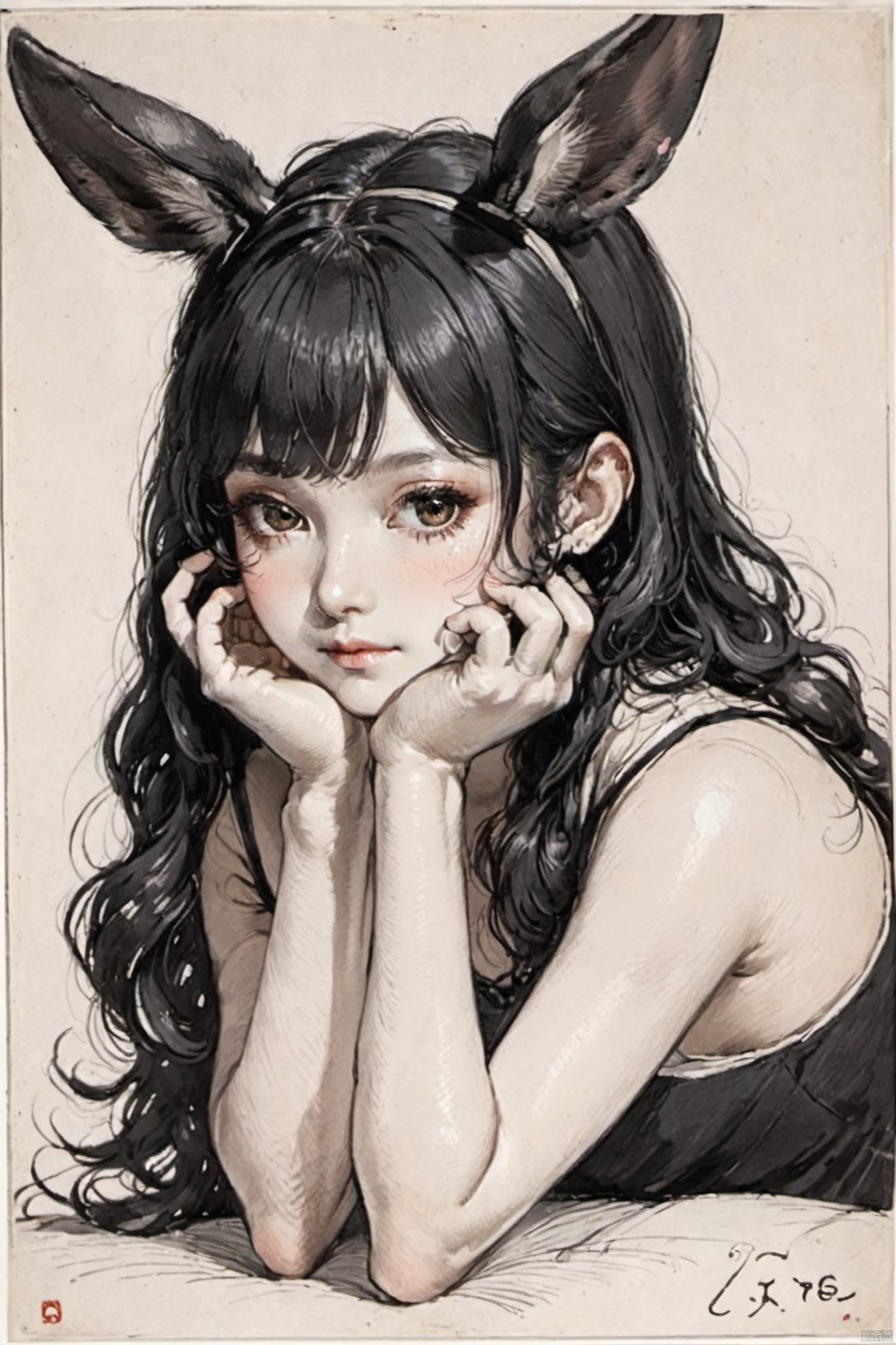 hands on face,  seductive leaning forward detailed skin,  ((black hair)) by bearbear on Tensor.Art