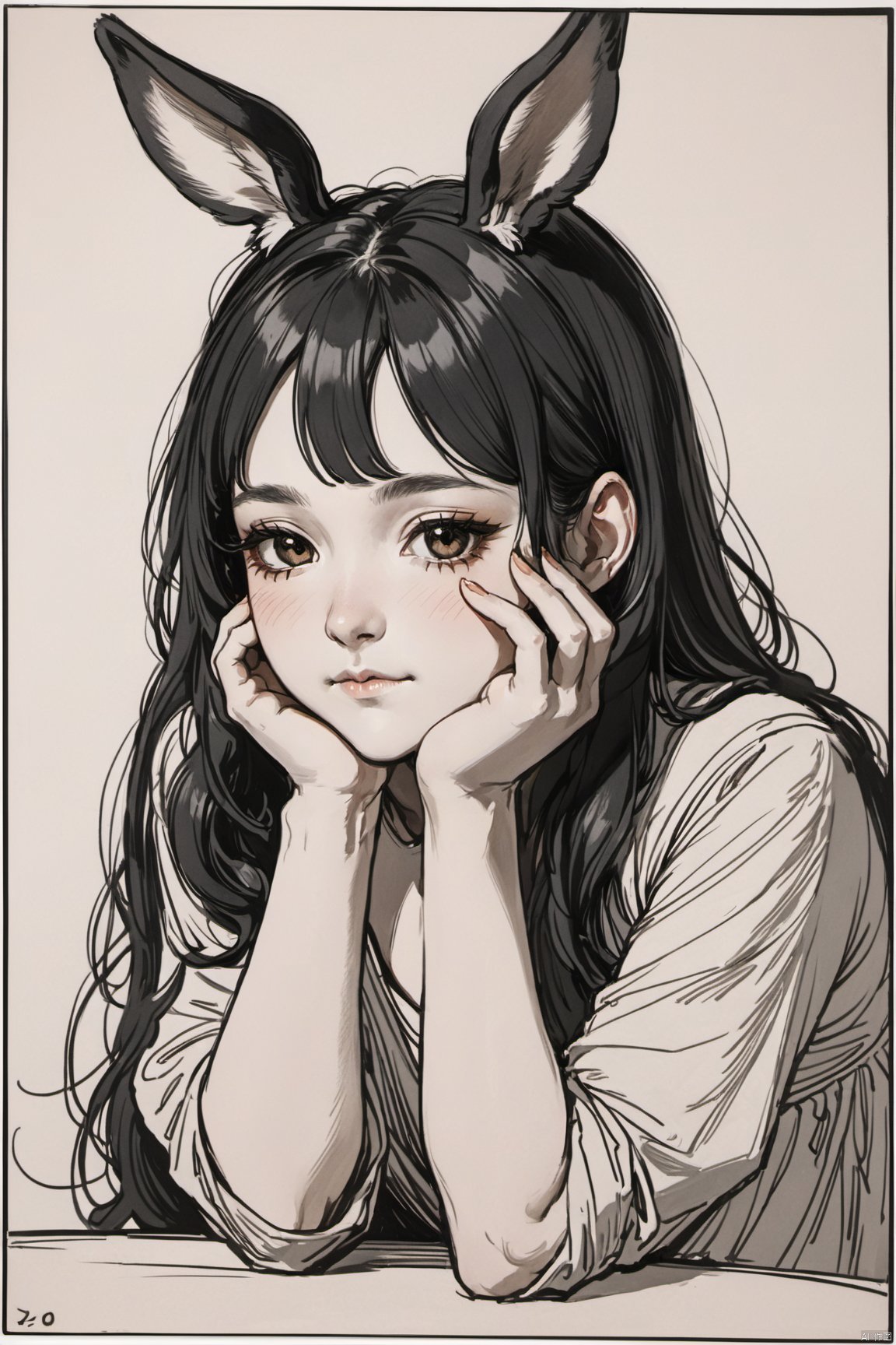 hands on face,  seductive leaning forward detailed skin,  ((black hair)) by bearbear on Tensor.Art