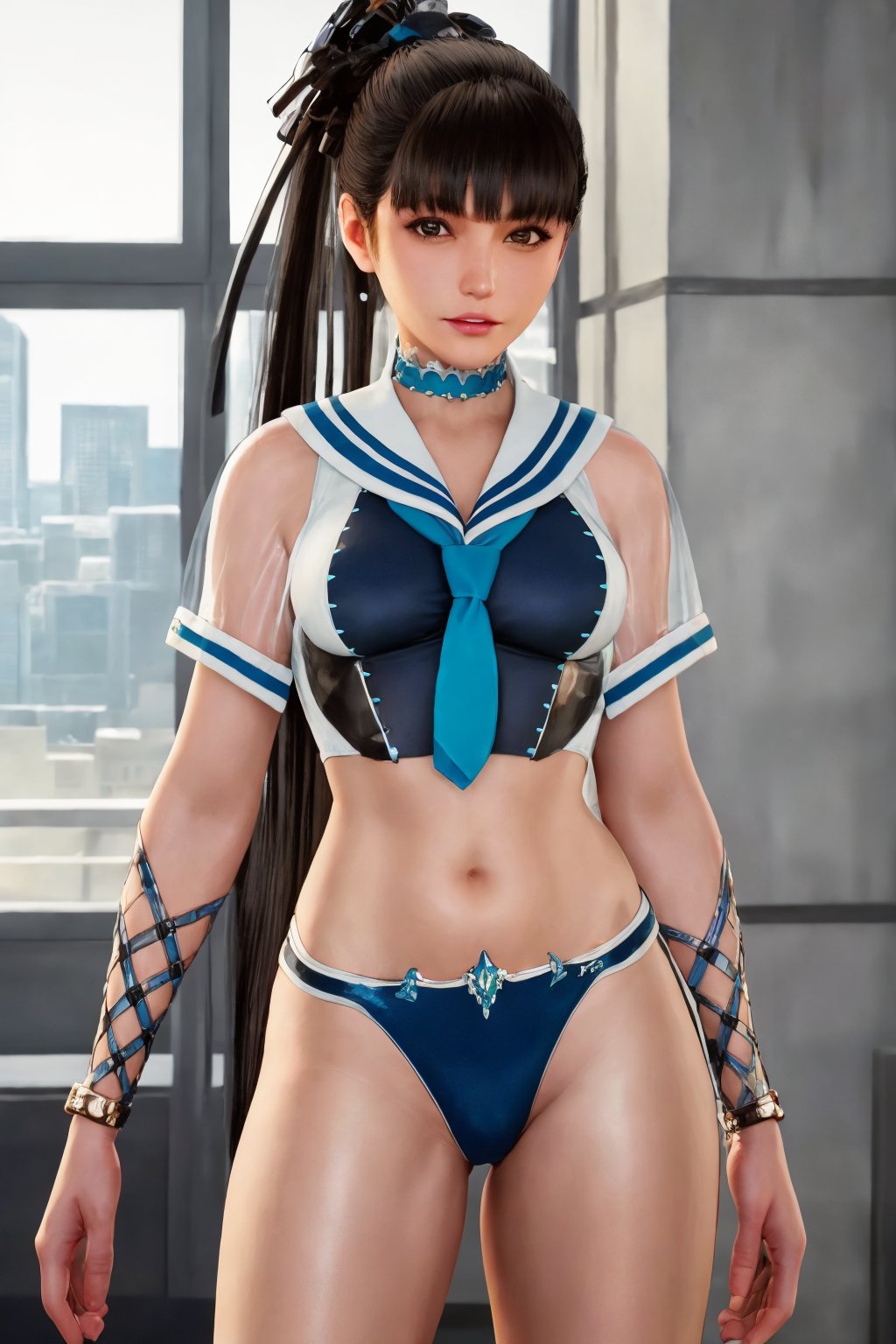 best quality, masterpiece, highres, detailed face, detailed eyes,ultra details, science fiction, indoors,cowboy shot,looking at viewer, facing viewer1girl, solo, bikini, ponytail, short sleeves, sailor collar, parted lips, (little smile:0.8), choker, necktie,  legs,<lora:eve costume1 v5-000011:0.7>