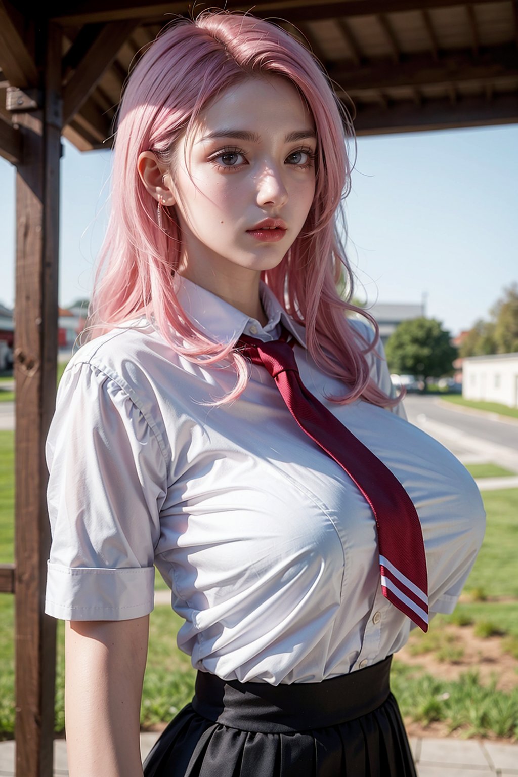 makeup,1girl, wavy very long hair, pink hair, huge breasts, wear school uniform, outdoors