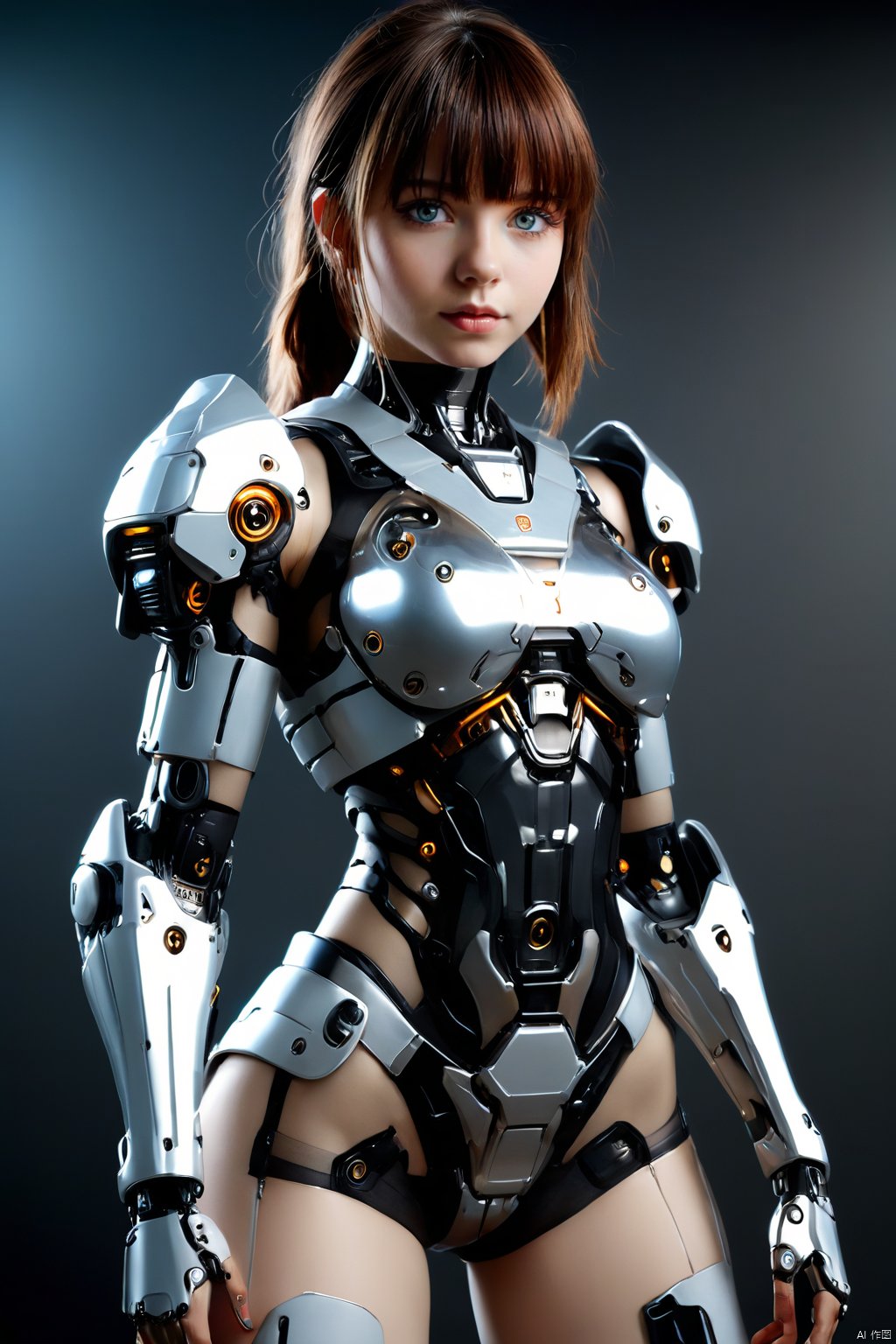  (Masterpiece, best picture quality), Cyberpunk, girl, French bangs, ((metal and transparent shell | splicing robot)), transparent belly:1.1, metal spine:1.2, (Cyber| body paint), aircraft background, dynamic perspective, cyborg, 1girl, 
, mecha, Realistic, (wielding dual swords:1.2), MAJICMIX STYLE, MAD-BDYARMR, 35mm film photography