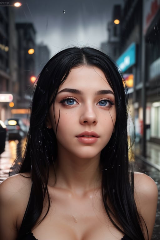 Close-up photo of a girl, (black hair)++, (detailed eyes), (long hair), (rainy, futuristic city street at midnight)++, masterpiece++, (extremely detailed)++, ( beautiful face)++, (detailed face)++, (beautiful body), gorgeous, (sexy pose), 4k+, UHD,CelLLeP00