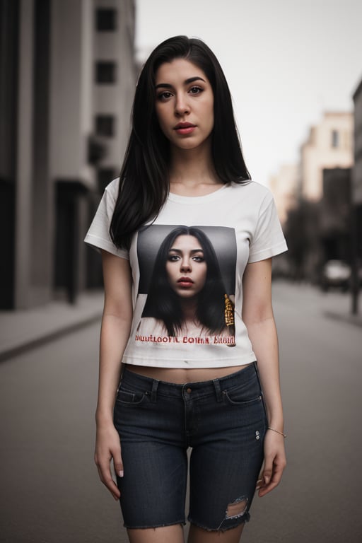 (very detailed), (realistic), (photography), 1 woman, light skin, grimace, alone, black hair, long hair, full body, looking at viewer, t-shirt, torn t-shirt, outdoors, depth of field, blurred background ,CelLLeP00