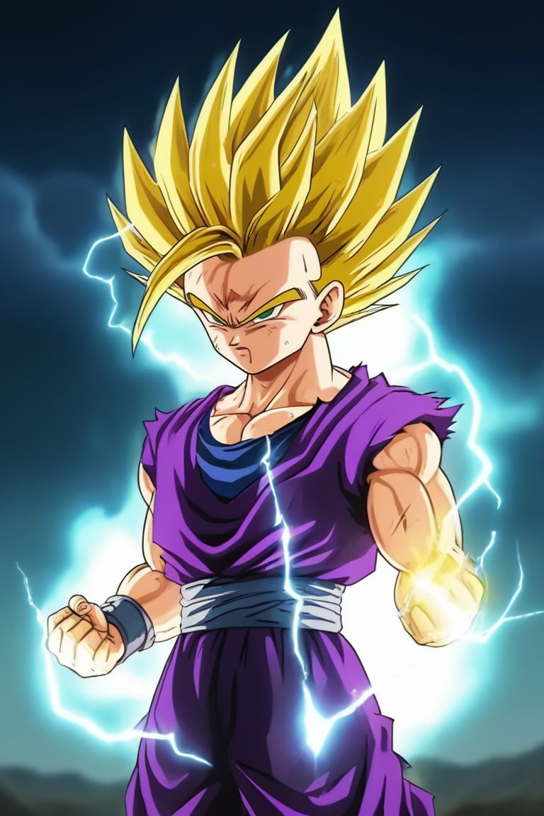 1boy,gohan,super saiyan 2,purple dougi,green eyes,,blonde_hair,yellow aura,electricity,ki,serious,cowboy_shot,(masterpiece,best quality,detailed,highres),detailed_face,dark_colors,arms_crossed,purple_clothes