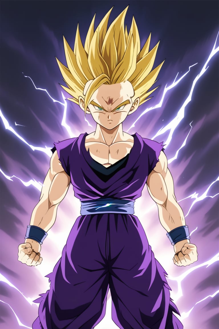 1boy,gohan,super saiyan 2,purple dougi,green eyes,,blonde_hair,yellow aura,electricity,ki,serious,cowboy_shot,clenced fists,(masterpiece,best quality,detailed,highres),detailed_face,dark_colors,arms_at_sides,purple_clothes