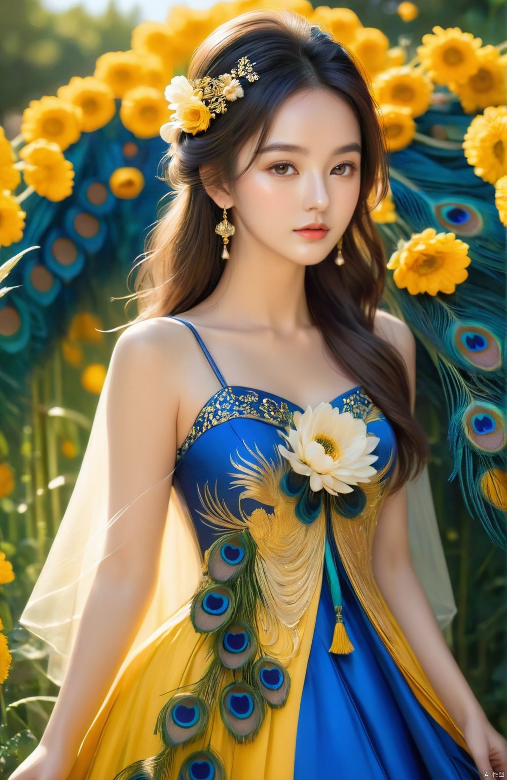 In a blossoming field of vibrant flowers, a young woman dressed in a blue peacock-printed dress (blue_dress with peacock_design) stands alone (solo), her long, cascading hair (long_hair) adorned with a sunflower-shaped hair accessory (sunflower_hair_ornament). Holding a coin (coin) tightly in her hand, she tenderly gazes at the yellow rose (yellow_rose) and orange blossom (orange_flower) within it, both of which harmoniously complement her golden wheat-like tresses and the opulent azure gown that features intricate, lifelike peacock motifs.The exquisite peacock patterns on her dress come alive against the backdrop of a bright yellow flower pinned near her chest (yellow_flower), creating a distinctive charm. Amidst a sea of vivid marigolds, dandelions (dandelion), and towering sunflowers, the girl resembles an elegant peacock spreading its feathers, capturing the attention of all with her poised demeanor and resplendent attire. Sunlight bathes her form, blending with the lemon trees in the background to compose a serene yet lively tableau, encapsulating a moment of pure beauty.<lora:EMS-317135-EMS:1.000000>