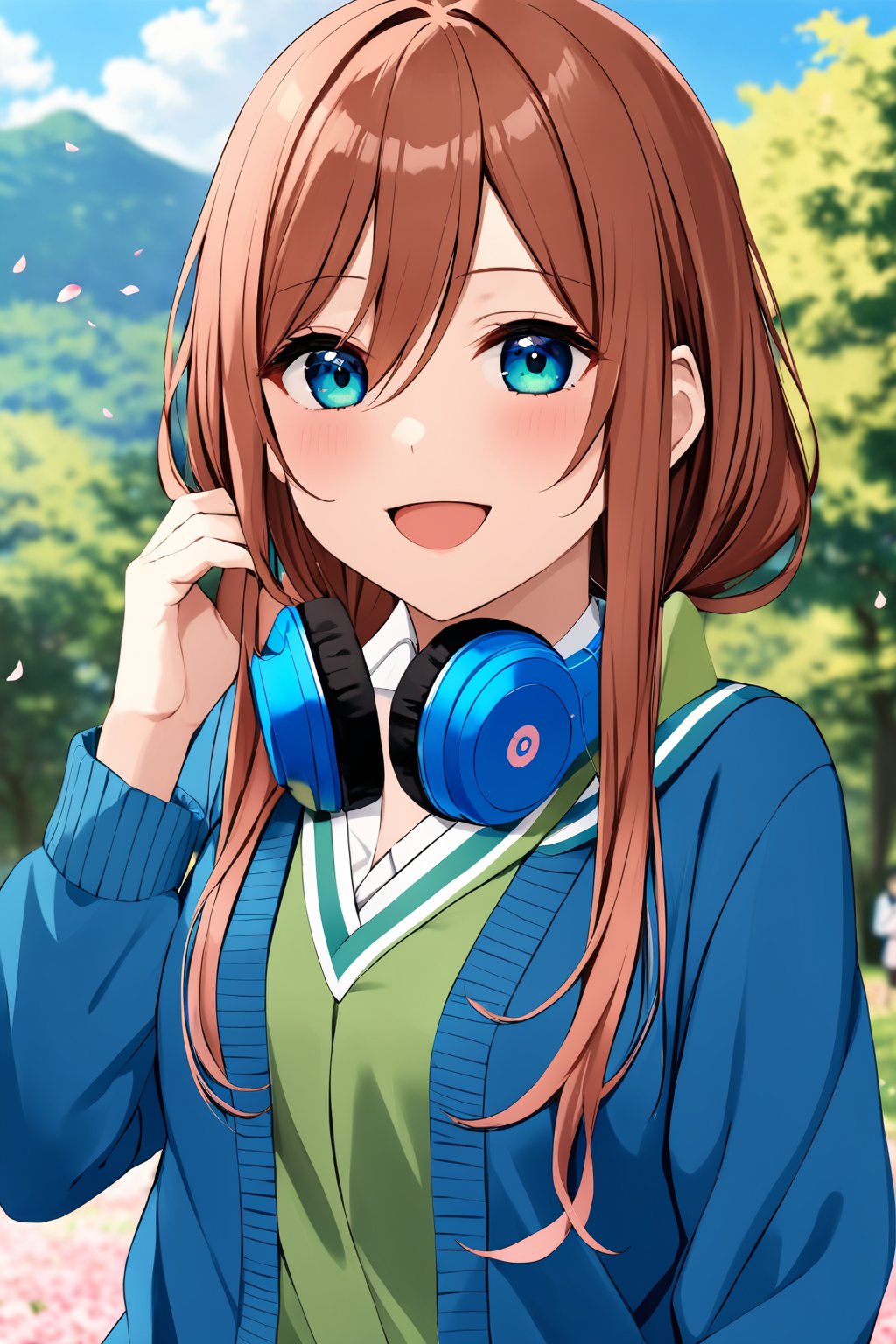 masterpiece, best quality, highres, nakano_miku, headphones, blue headphones, headphones around neck, school uniform, long sleeves, blue cardigan, green skirt, upper_body, smile, open mouth, outdoors, petal, petals, brown_hair, blue_eyes, blurry, blurry_background<lora:EMS-317319-EMS:1.000000>