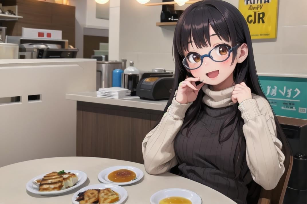 masterpiece, best quality,1girl, solo, glasses, black hair, long hair, white ribbed sweater, happy, smile, looking at viewer, open mouth, solo focus, sitting, across table, gyouza, plate, food focus, still life, food, realistic, bottle, table, alcohol <lora:gyouza_SD15_V1:0.8>