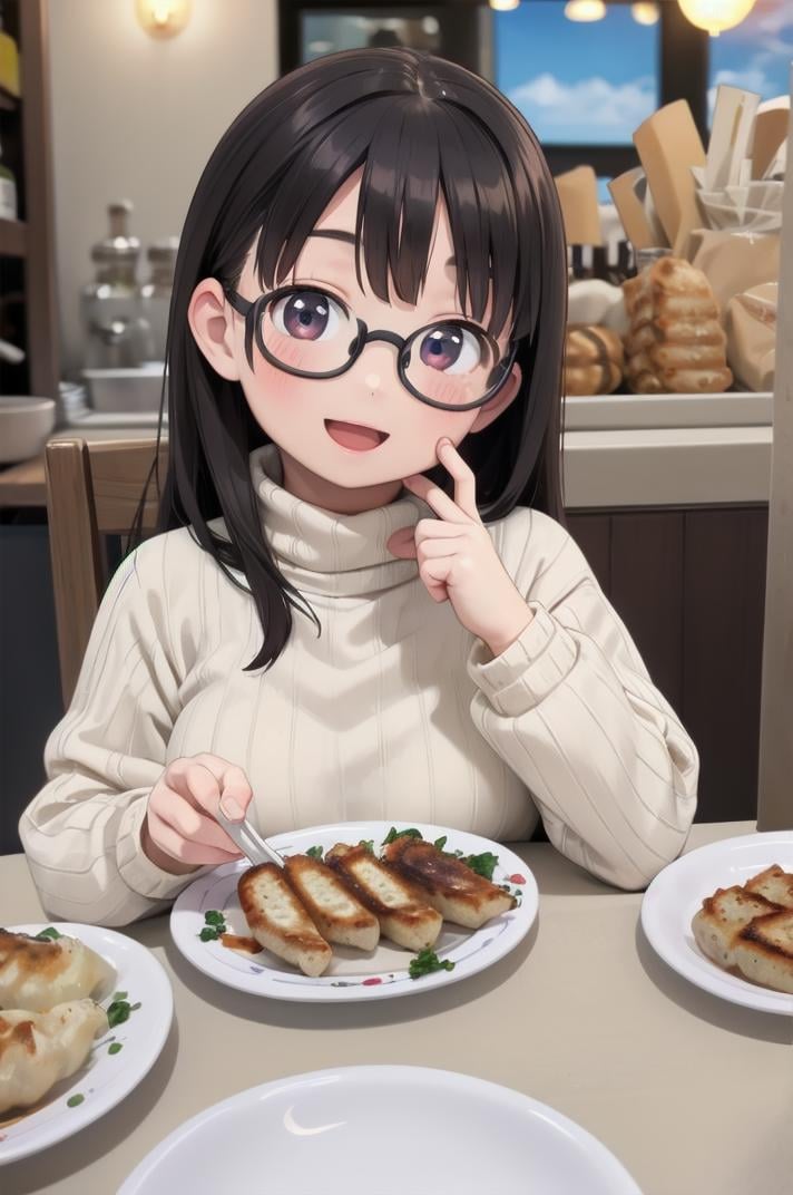 masterpiece, best quality,1girl, solo, glasses, black hair, long hair, white ribbed sweater, happy, smile, looking at viewer, open mouth, solo focus, sitting, across table, gyouza, plate, food focus, still life, food, realistic, bottle, table, alcohol <lora:gyouza_SD15_V1:0.8>