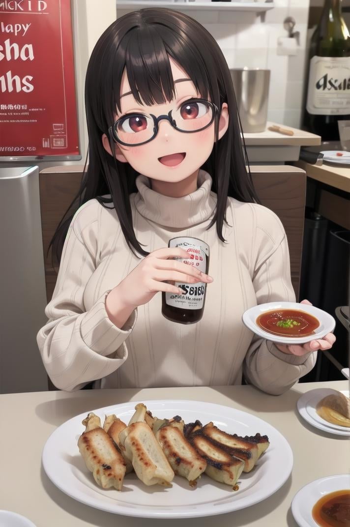 masterpiece, best quality,1girl, solo, glasses, black hair, long hair, white ribbed sweater, happy, smile, looking at viewer, open mouth, solo focus, sitting, across table, gyouza, plate, food focus, still life, food, realistic, bottle, table, alcohol <lora:gyouza_SD15_V1:0.8>