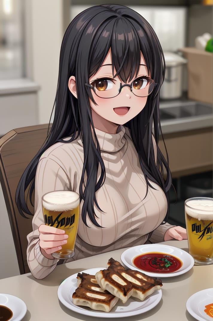 masterpiece, best quality,1girl, solo, glasses, black hair, long hair, white ribbed sweater, happy, smile, looking at viewer, open mouth, solo focus, sitting, across table, gyouza, plate, still life, food, realistic, blurry, food focus, blurry background, depth of field, beer, indoors, bottle<lora:gyouza_SD15_V1:0.8>