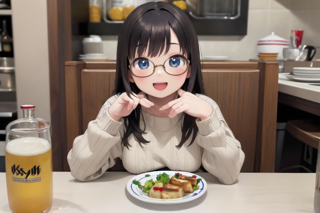 masterpiece, best quality,1girl, solo, glasses, black hair, long hair, white ribbed sweater, happy, smile, looking at viewer, open mouth, solo focus, sitting, across table, gyouza, plate, food focus, still life, food, realistic, bottle, table, alcohol <lora:gyouza_SD15_V1:0.8>