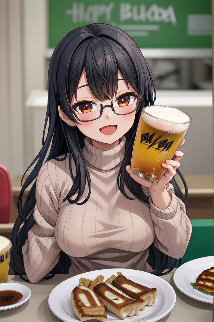 masterpiece, best quality,1girl, solo, glasses, black hair, long hair, white ribbed sweater, happy, smile, looking at viewer, open mouth, solo focus, sitting, across table, gyouza, plate, still life, food, realistic, blurry, food focus, blurry background, depth of field, beer, indoors, bottle<lora:gyouza_SD15_V1:0.8>