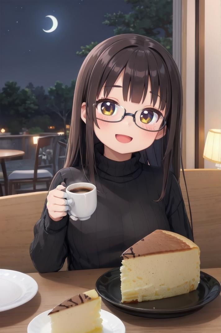 masterpiece, best quality,1girl, solo, glasses, black hair, long hair, white ribbed sweater, happy, smile, looking at viewer, open mouth, solo focus, sitting, Japanese Cheesecake, food, plate, cake, still life, saucer, table, pastry, dessert, cake slice, coffee, coffee mug,  (night:1.4), lamp <lora:cheesecake_SD15_V1:0.8> 