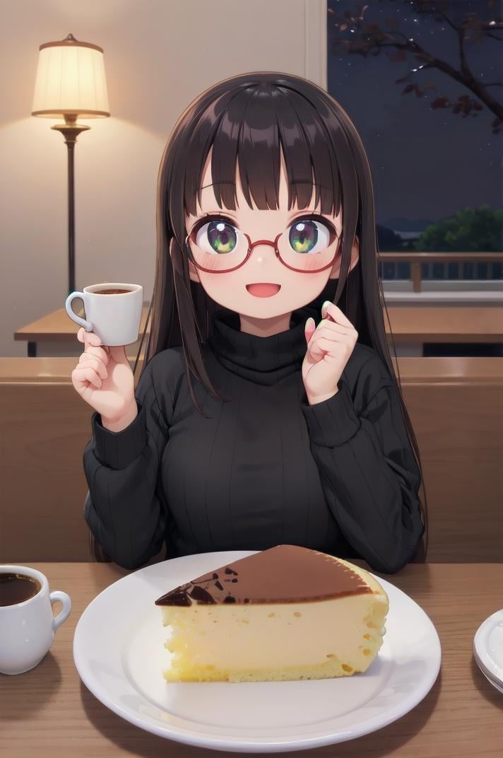 masterpiece, best quality,1girl, solo, glasses, black hair, long hair, white ribbed sweater, happy, smile, looking at viewer, open mouth, solo focus, sitting, Japanese Cheesecake, food, plate, cake, still life, saucer, table, pastry, dessert, cake slice, coffee, coffee mug,  (night:1.4), lamp <lora:cheesecake_SD15_V1:0.8> 