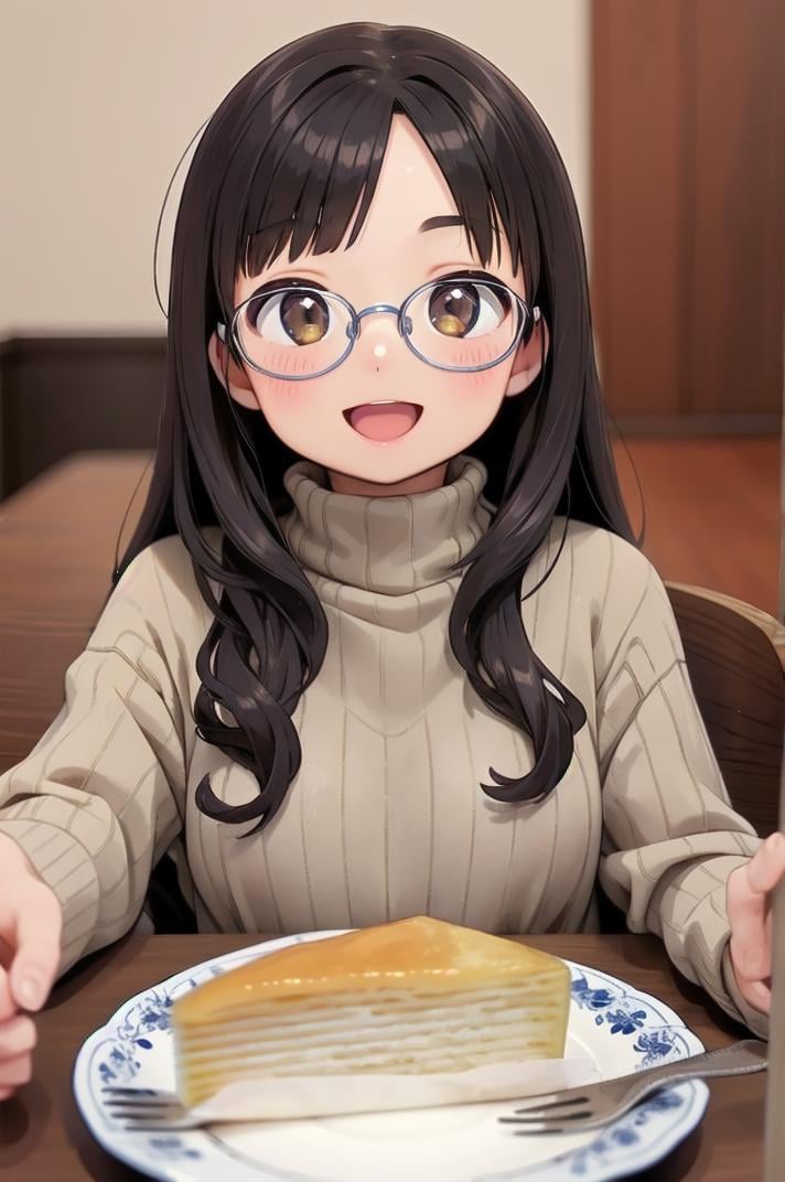 masterpiece, best quality,1girl, solo, glasses, black hair, long hair, white ribbed sweater, happy, smile, looking at viewer, open mouth, solo focus, sitting, across table, millecrape, plate, food, food focus, blurry, cake, still life, blurry background, table, cake slice, indoors, depth of field, realistic <lora:millecrape_SD15_V1:1>