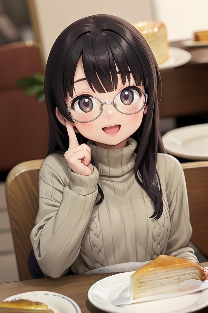 masterpiece, best quality,1girl, solo, glasses, black hair, long hair, white ribbed sweater, happy, smile, looking at viewer, open mouth, solo focus, sitting, across table, millecrape, plate, food, food focus, blurry, cake, still life, blurry background, table, cake slice, indoors, depth of field, realistic <lora:millecrape_SD15_V1:1>