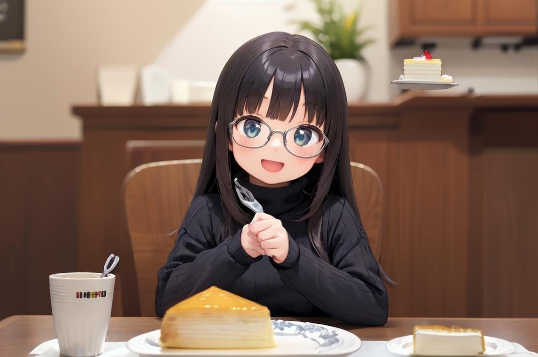 masterpiece, best quality,1girl, solo, glasses, black hair, long hair, white ribbed sweater, happy, smile, looking at viewer, open mouth, solo focus, sitting, across table, millecrape, plate, food, food focus, blurry, cake, still life, blurry background, table, cake slice, indoors, depth of field, realistic <lora:millecrape_SD15_V1:1>