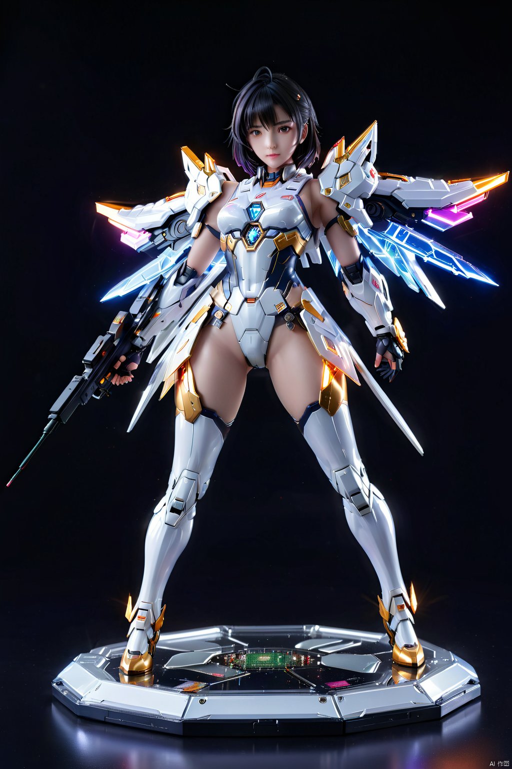  (1girl:1.3),full_body,gundam,highly realistic,glassy translucence,graceful, pose, blink-and-you-miss-it detail,Sci-fi light effects,(Illuminated circuit board:1.6),rich colors,gorgeous colors,colorful, with light beams on the face, tianqi, tqj-hd, 3D, (RAL-VLNTXPLZN and completely explosion), PVC rendering figure, PVC rendering figure and pedestal