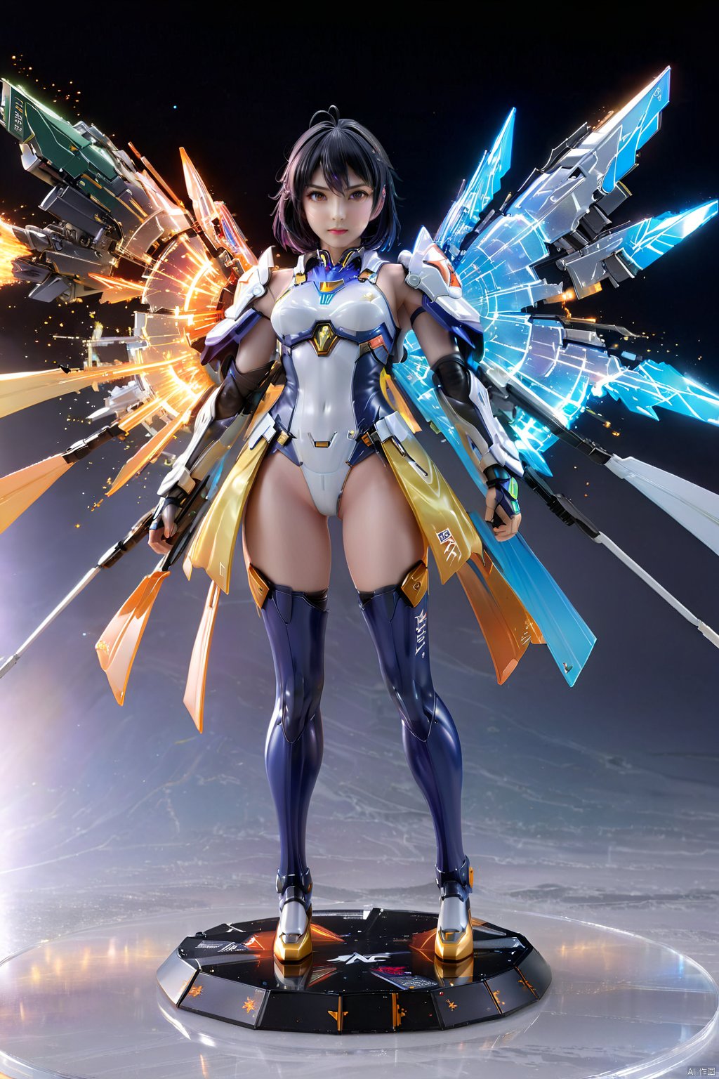  (1girl:1.3),full_body,gundam,highly realistic,glassy translucence,graceful, pose, blink-and-you-miss-it detail,Sci-fi light effects,(Illuminated circuit board:1.6),rich colors,gorgeous colors,colorful, with light beams on the face, tianqi, tqj-hd, 3D, (RAL-VLNTXPLZN and completely explosion), PVC rendering figure