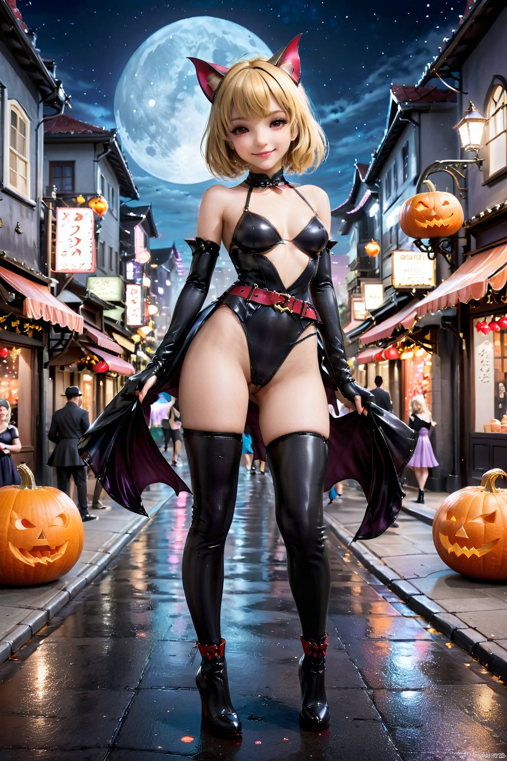  (((Masterpiece))), ((Best Quality))), highres, absurdres, 1gril, Catwoman, solo, full body, standing, looking at viewer, (cat ears:1.2), short hair, (blonde hair:1.3), parted bangs, hair down, blush, smirk, red eyes, small breasts, (whip:1.3), (Hand in hand with a leather whip:1.2), bodysuit, high heels, (thigh boots:1.3), belt, (black bodysuit:1.25), shiny clothes, night, night view, (outdoors, city, streets:1.2), patent leather dress, holding pumpkin, witch hat, seduce, seductive smile, Hourglass body shape, Bikini, Dancing, bikini, Ancient_princess_menace, lactation, Read the desc, YAMATOV2,,,, NSFW, PVC rendering figure, PVC rendering figure and pedestal, 35mm film photography