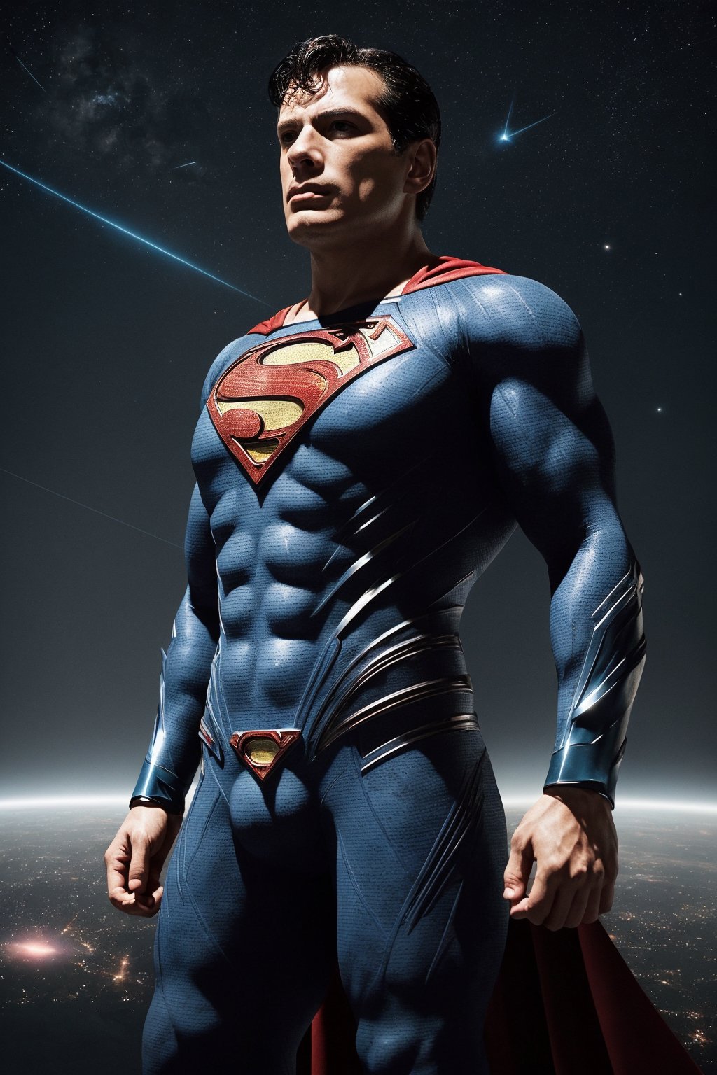 A futuristic Superman suit with a cosmic theme,  flying through a meteor shower. The suit is made of a Kryptonian alloy th...