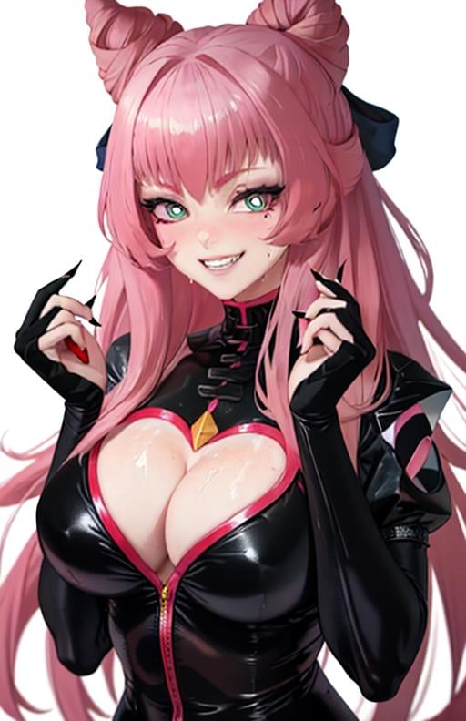 best quality, (masterpiece),(ultra-detailed), (high quality), (high resolution), <lora:CondesaVR:0.7>,CondesaVR, 1girl, solo, long hair, breasts, looking at viewer, smile, bangs, large breasts, simple background, white background, bow, cleavage, green eyes, upper body, pink hair, hair bow, heart, sweat, teeth, grin, fingernails, symbol-shaped pupils, clothing cutout, heart-shaped pupils, cleavage cutout, black nails, bridal gauntlets, heart cutout