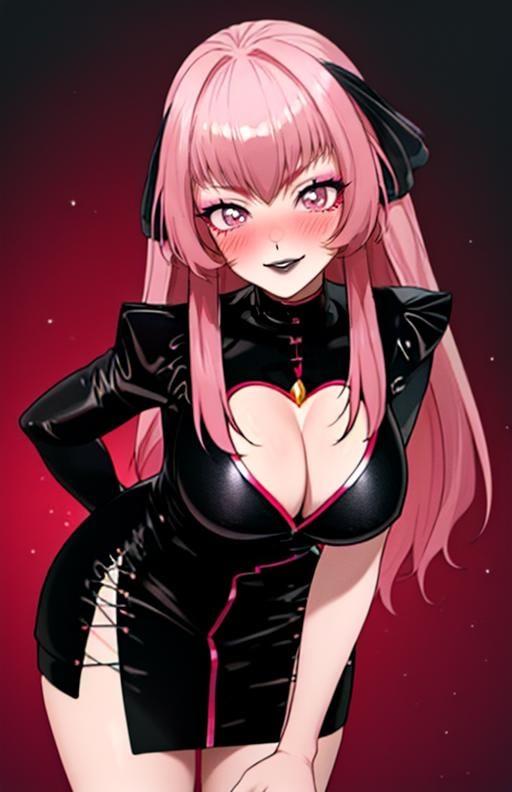 best quality, (masterpiece),(ultra-detailed), (high quality), (high resolution), <lora:CondesaVR:0.7>,CondesaVR, 1girl, solo, long hair, breasts, looking at viewer, blush, smile, bangs, large breasts, dress, cleavage, pink hair, virtual youtuber, pink eyes, black dress, clothing cutout, makeup, leaning forward, cleavage cutout, lipstick, gothic, black lips