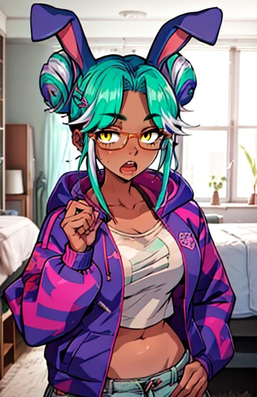 best quality, (masterpiece),(ultra-detailed), (high quality), (high resolution), <lora:FuelVT:0.7>,1girl, artist name, bed, blue eyes, dark skin, dark-skinned female, double bun, english text, fuelvt, glasses, green hair, hair bun, hair ornament, hood, hoodie, huge breasts, indoors, large breasts, long sleeves, looking at viewer, multicolored hair, multiple girls, navel, open mouth, pink jacket, purple jacket, rabbit ears, small breasts, solo, teeth, white background, yellow eyes