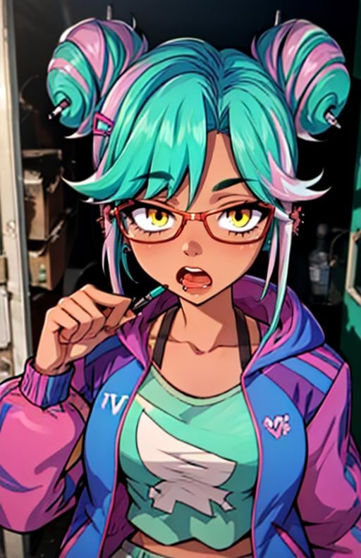 best quality, (masterpiece),(ultra-detailed), (high quality), (high resolution), <lora:FuelVT:0.7>,1girl, aqua hair, breasts, can, collarbone, dark skin, double bun, earrings, fang, fuelvt, glasses, green hair, hair bun, hair ornament, hairclip, hood, jacket, lollipop, looking at viewer, midriff, multicolored hair, open mouth, pen, piercing, pink hair, purple jacket, shirt, solo, streaked hair, trash bag, yellow eyes