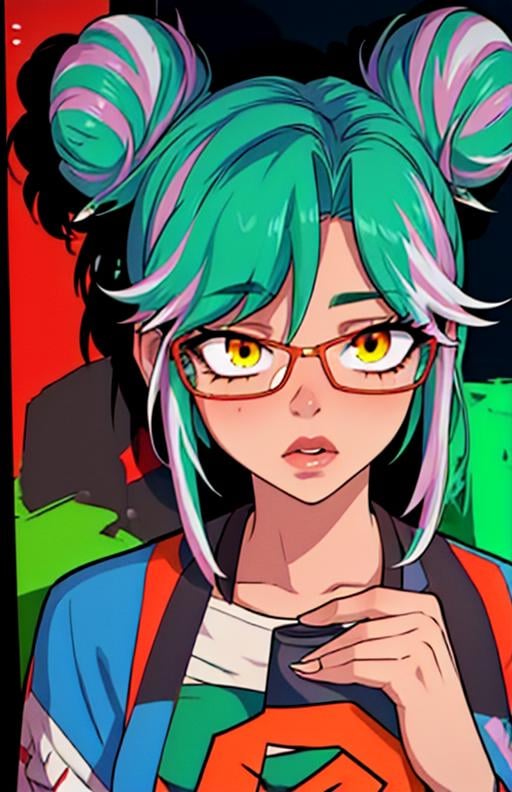 best quality, (masterpiece),(ultra-detailed), (high quality), (high resolution), <lora:FuelVT:0.7>,fuelvt, yellow eyes, multicolored hair, glasses, hair bun, double bun, green hair, streaked hair