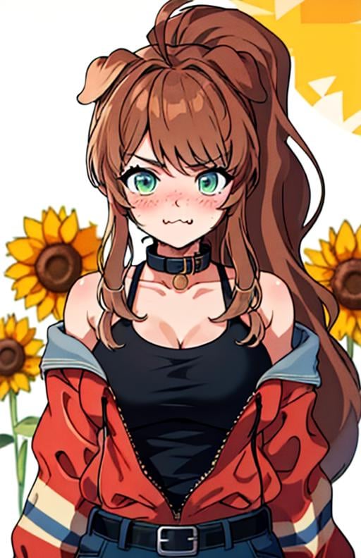 best quality, (masterpiece),(ultra-detailed), (high quality), (high resolution), <lora:LilyBell_VT:0.7>,LilyBell_VT, 1girl, solo, long hair, breasts, blush,  bangs, large breasts, brown hair, animal ears, cleavage, green eyes, collarbone, jacket, upper body, ponytail, flower, ahoge, fang, belt, off shoulder, collar, :3, tank top, dog ears, red jacket, black belt, sunflower, fang out, black tank top