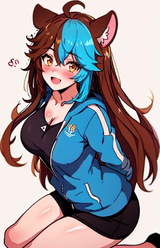 best quality, (masterpiece),(ultra-detailed), (high quality), (high resolution),   <lora:KeirameVT:0.7>,1girl, ahoge, animal ear fluff, animal ears, arms behind back, blue hair, blush, breasts, brown hair, cleavage, collarbone, hood, jacket, keiramevt, kneeling, large breasts, long hair, looking at viewer, multicolored hair, open mouth, smile, solo, two-tone hair, white background