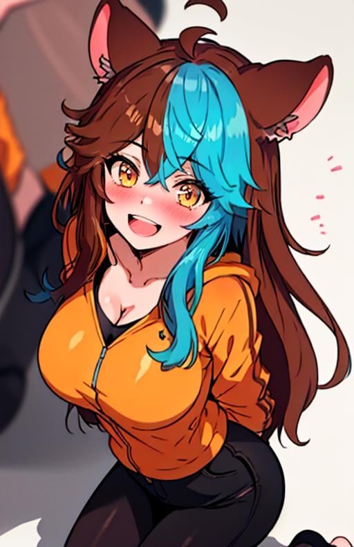 best quality, (masterpiece),(ultra-detailed), (high quality), (high resolution),   <lora:KeirameVT:0.7>,1girl, ahoge, animal ear fluff, animal ears, arms behind back, blue hair, blush, breasts, brown hair, cleavage, collarbone, hood, jacket, keiramevt, kneeling, large breasts, long hair, looking at viewer, multicolored hair, open mouth, smile, solo, two-tone hair, white background