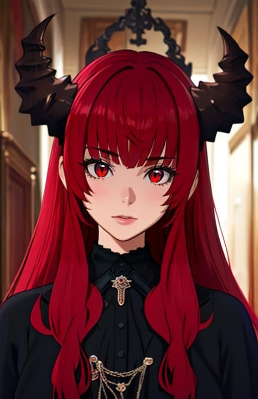 best quality, (masterpiece),(ultra-detailed), (high quality), (high resolution),  <lora:GiftschlangenVT:0.7>,giftschlangenvt, long hair, bangs, horns, red hair, red eyes