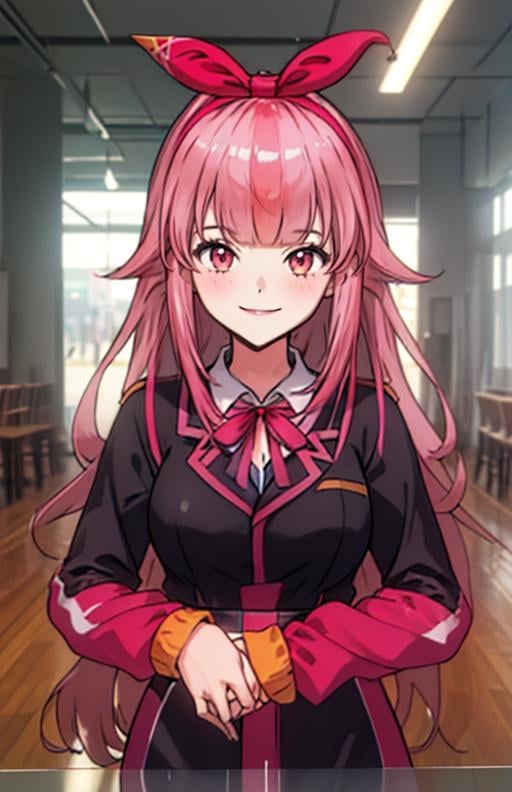 best quality, (masterpiece),(ultra-detailed), (high quality), (high resolution), <lora:MERCHI:0.7>,MERCHI, 1girl, solo, long hair, breasts, smile, bangs, large breasts, long sleeves, bow, ribbon, jacket, pink hair, hair bow, hairband, virtual youtuber, red ribbon, black jacket, neck ribbon, 