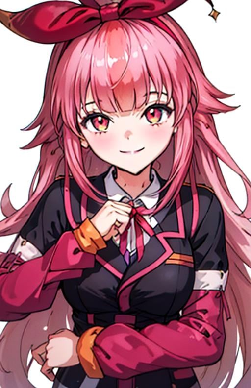 best quality, (masterpiece),(ultra-detailed), (high quality), (high resolution), <lora:MERCHI:0.7>,MERCHI, 1girl, solo, long hair, breasts, smile, bangs, large breasts, long sleeves, bow, ribbon, jacket, pink hair, hair bow, hairband, virtual youtuber, red ribbon, black jacket, neck ribbon, transparent background, facing viewer