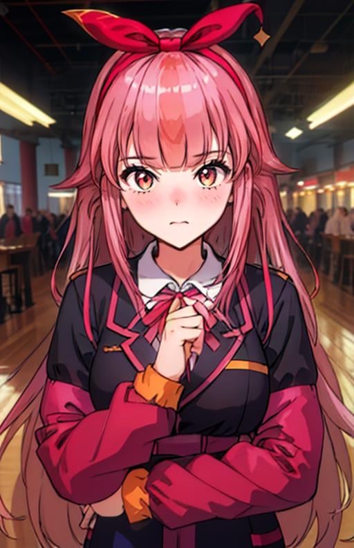 best quality, (masterpiece),(ultra-detailed), (high quality), (high resolution), <lora:MERCHI:0.7>,MERCHI, 1girl, solo, long hair, breasts,  bangs, large breasts, long sleeves, bow, ribbon, jacket, pink hair, hair bow, hairband, red ribbon, black jacket, neck ribbon, 