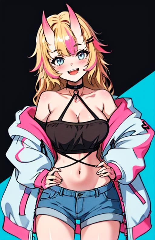 best quality, (masterpiece),(ultra-detailed), (high quality), (high resolution),  <lora:deva_vt:0.7>,deva_vt, 1girl, solo, long hair, breasts, looking at viewer, smile, open mouth, blue eyes, blonde hair, large breasts, simple background, hair ornament, long sleeves, navel, cleavage, bare shoulders, collarbone, jacket, pink hair, :d, multicolored hair, cowboy shot, open clothes, horns, shorts, choker, hairclip, midriff, virtual youtuber, off shoulder, stomach, open jacket, streaked hair, hand on hip, short shorts, halterneck, blue background, black choker, white jacket, denim, oni horns, blue shorts, denim shorts, tube top