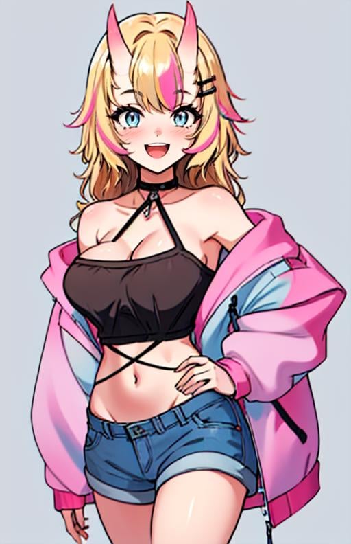 best quality, (masterpiece),(ultra-detailed), (high quality), (high resolution),  <lora:deva_vt:0.7>,deva_vt, 1girl, solo, long hair, breasts, looking at viewer, smile, open mouth, blue eyes, blonde hair, large breasts, simple background, hair ornament, long sleeves, navel, cleavage, bare shoulders, collarbone, jacket, pink hair, :d, multicolored hair, cowboy shot, open clothes, horns, shorts, choker, hairclip, midriff, virtual youtuber, off shoulder, stomach, open jacket, streaked hair, hand on hip, short shorts, halterneck, blue background, black choker, white jacket, denim, oni horns, blue shorts, denim shorts, tube top