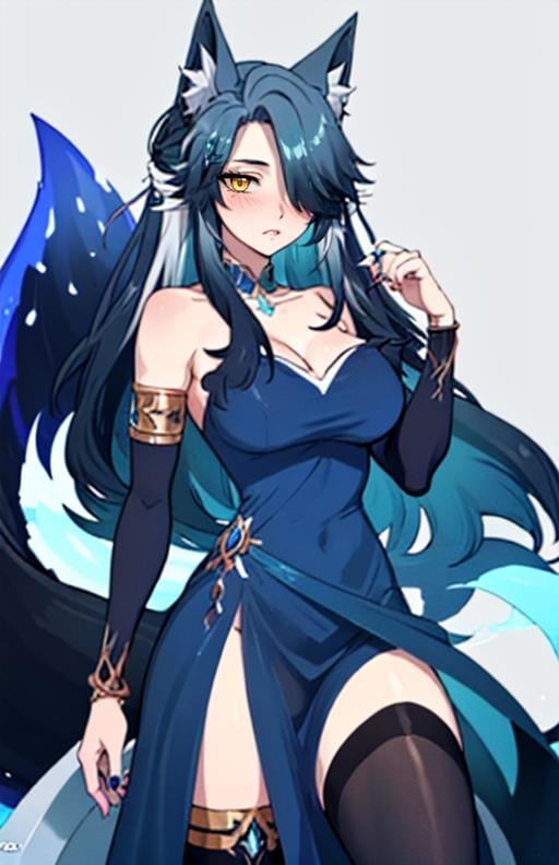 best quality, (masterpiece),(ultra-detailed), (high quality), (high resolution),  yuunkurosu, 1girl, solo, long hair, breasts, large breasts, black hair, hair ornament, thighhighs, dress, animal ears, cleavage, very long hair, blue hair, tail,hair over one eye, fox ears, blue dress, fox tail, multiple tails, toeless legwear<lora:yuunkurosu:0.7>,yuunkurosu, 1girl, solo, long hair, breasts, looking at viewer, simple background, black hair, thighhighs, dress, animal ears, bare shoulders, jewelry, medium breasts, blue hair, tail, yellow eyes, white hair, multicolored hair, grey background, hair over one eye, bracelet,, blue dress, wolf ears, claws, armlet, sharp fingernails, wolf girl