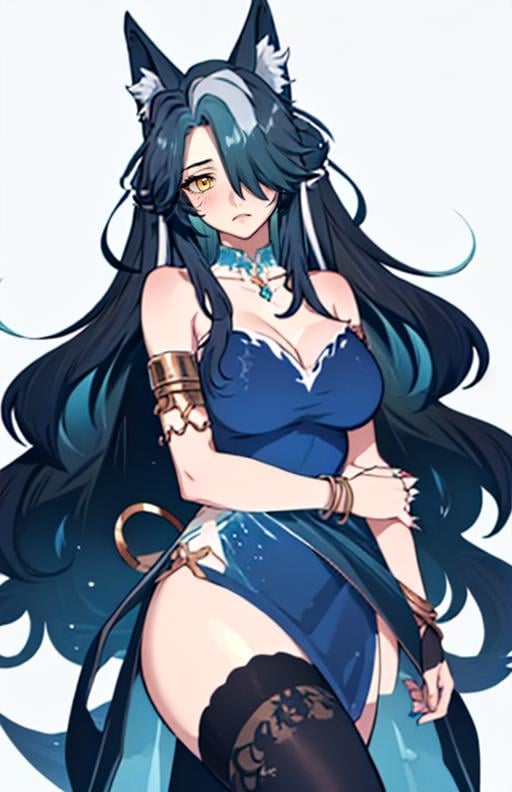 best quality, (masterpiece),(ultra-detailed), (high quality), (high resolution),  yuunkurosu, 1girl, solo, long hair, breasts, large breasts, black hair, hair ornament, thighhighs, dress, animal ears, cleavage, very long hair, blue hair, tail,hair over one eye, fox ears, blue dress, fox tail, multiple tails, toeless legwear<lora:yuunkurosu:0.7>,yuunkurosu, 1girl, solo, long hair, breasts, looking at viewer, simple background, black hair, thighhighs, dress, animal ears, bare shoulders, jewelry, medium breasts, blue hair, tail, yellow eyes, white hair, multicolored hair, grey background, hair over one eye, bracelet,, blue dress, wolf ears, claws, armlet, sharp fingernails, wolf girl